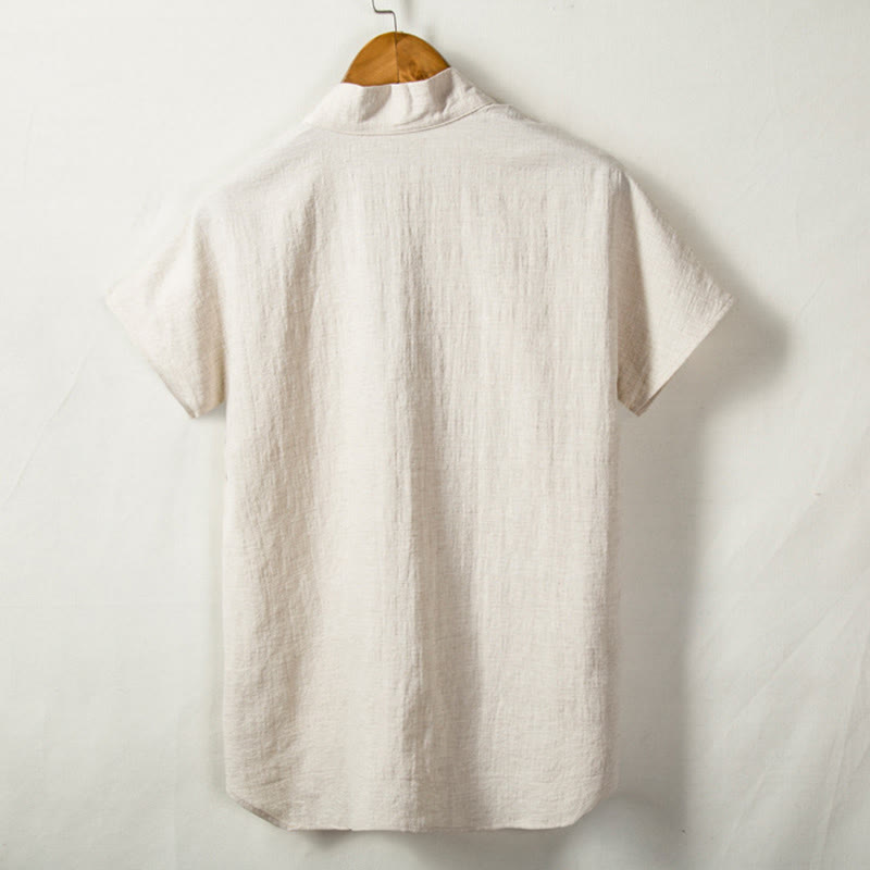 Camicia a maniche corte da uomo Buddha Stones con tasca, cardigan con scollo a V, camicia in cotone e lino comfort - image 1