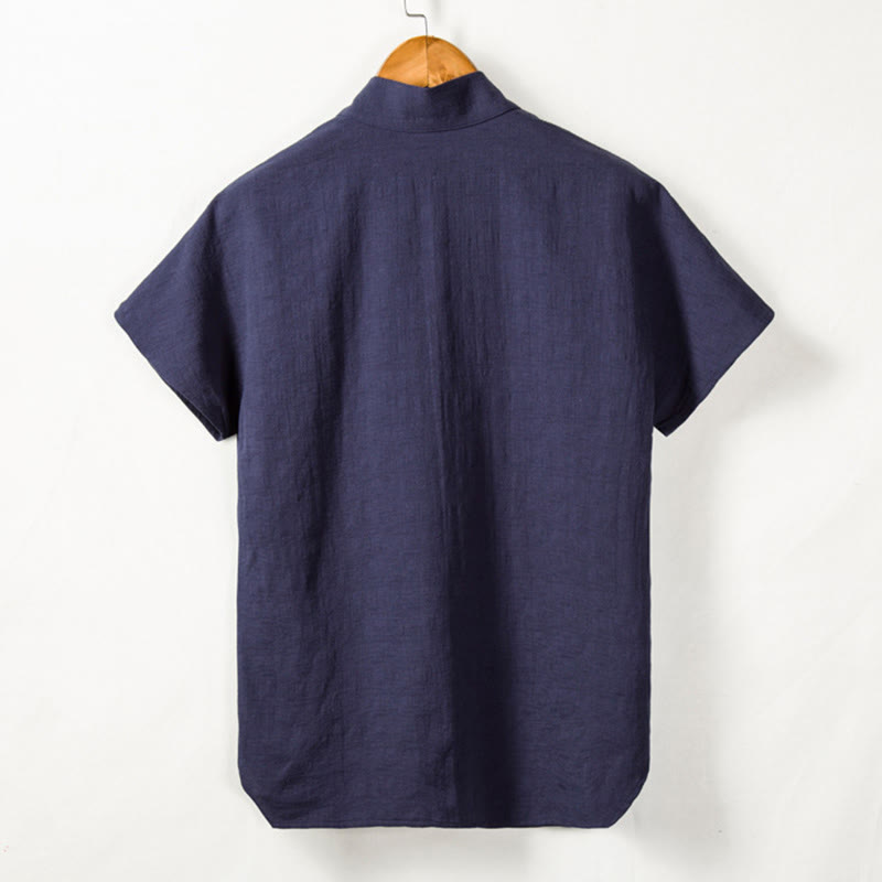 Camicia da uomo a maniche corte con taschino e scollo a V, in cotone e lino, Buddha Stones. - image 7