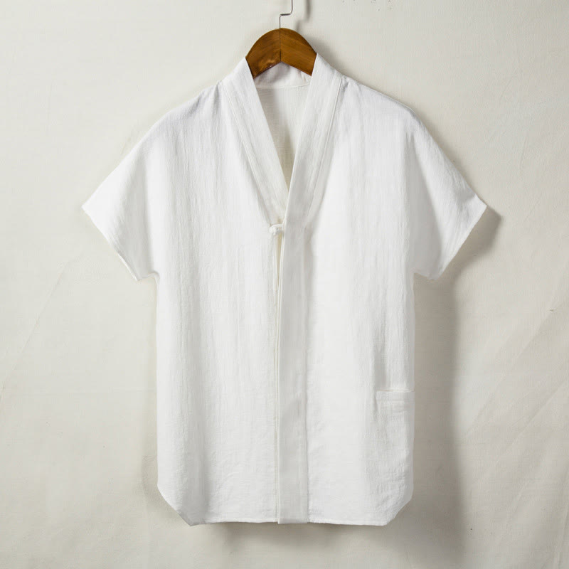 Camicia da uomo a maniche corte con taschino e scollo a V, in cotone e lino, Buddha Stones. - Bianco - US/UK/AU44, EU54 (4XL) - image 2