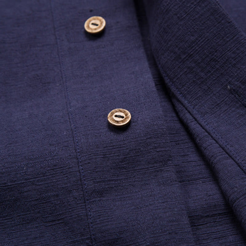 Camicia da uomo a maniche corte con taschino e scollo a V, in cotone e lino, Buddha Stones. - image 13