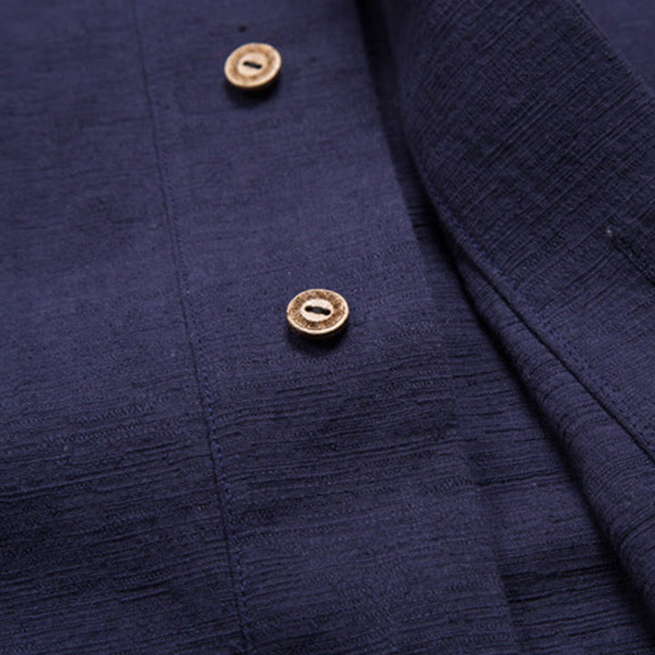 Camicia da uomo a maniche corte con taschino e scollo a V, in cotone e lino, Buddha Stones. - image 13