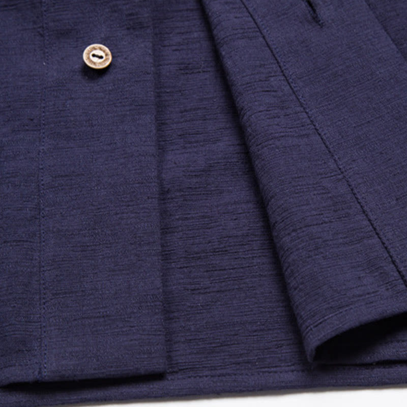 Camicia da uomo a maniche corte con taschino e scollo a V, in cotone e lino, Buddha Stones. - image 12