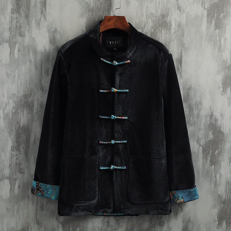 Buddha Stones Tang Suit Frog-bottoni Girocollo Cotone Uomo Giacca Camicia Abbigliamento - Pulsante blu - US/UK/AU42, EU52 (3XL) - image 6