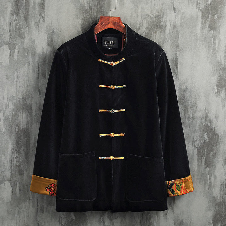 Buddha Stones Tang Suit Frog-bottoni Girocollo Cotone Uomo Giacca Camicia Abbigliamento - Pulsante giallo - US/UK/AU42, EU52 (3XL) - image 0