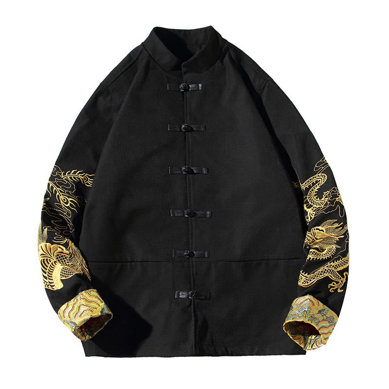 Buddha Stones Ricama Drago Fenice Casual Rana-bottoni Cotone Giacca Camicia Abbigliamento Uomo