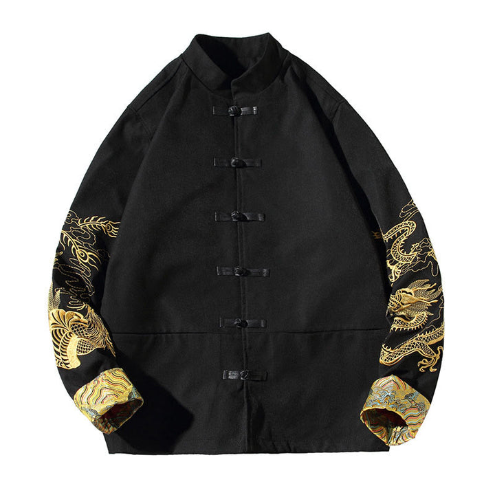 Buddha Stones Ricama Drago Fenice Casual Rana-bottoni Cotone Giacca Camicia Abbigliamento Uomo
