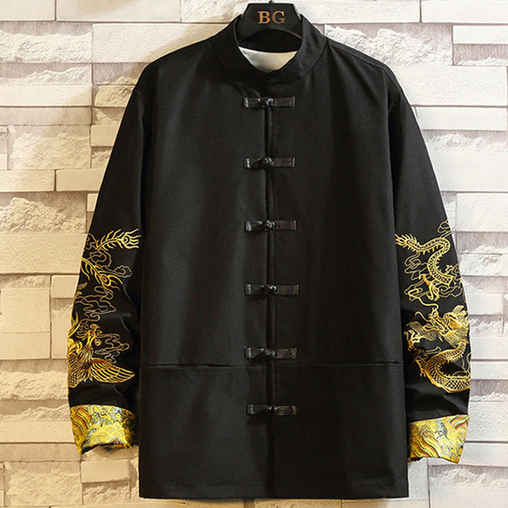 Buddha Stones Ricama Drago Fenice Casual Rana-bottoni Cotone Giacca Camicia Abbigliamento Uomo