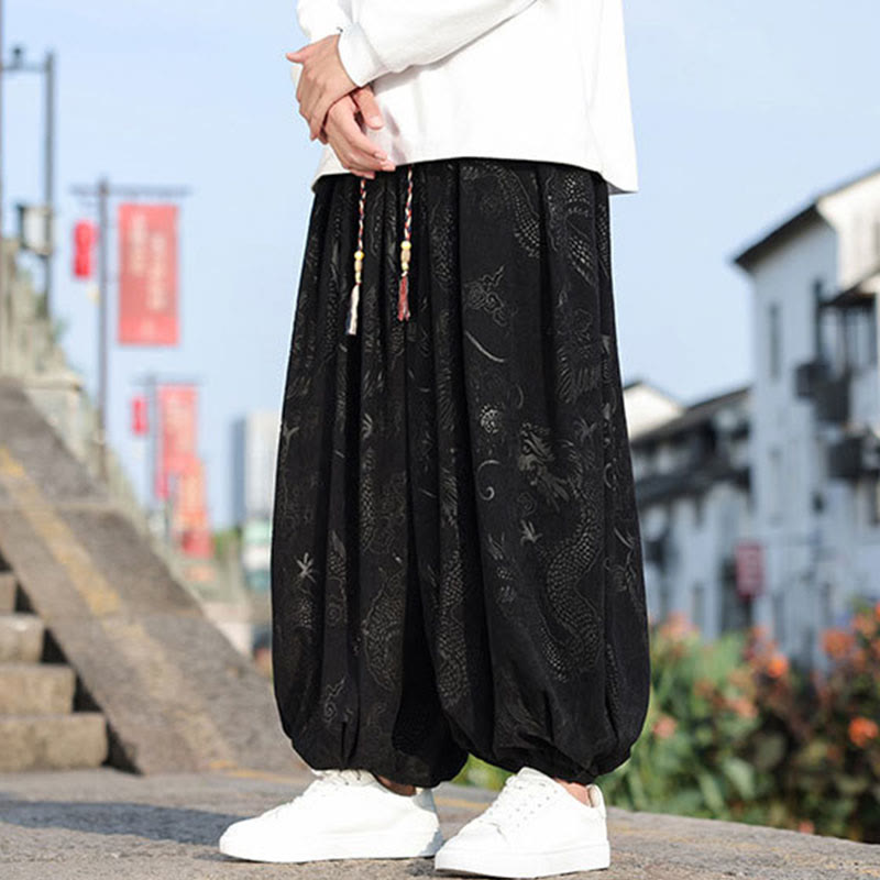 Pantaloni casual da uomo in cotone tinta unita con tasche e motivo a drago Buddha Stones