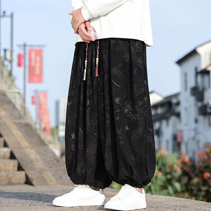 Pantaloni casual da uomo in cotone tinta unita con tasche e motivo a drago Buddha Stones