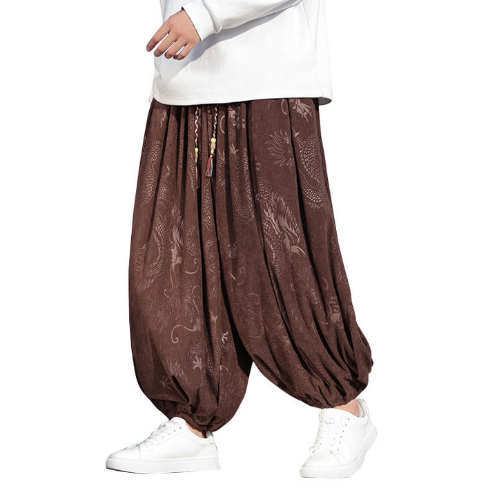 Giacca e pantaloni casual in velluto a coste di cotone da uomo con tasche, motivo drago , Buddha Stones