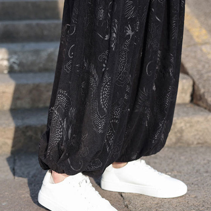 Giacca e pantaloni casual in velluto a coste di cotone da uomo con tasche, motivo drago , Buddha Stones