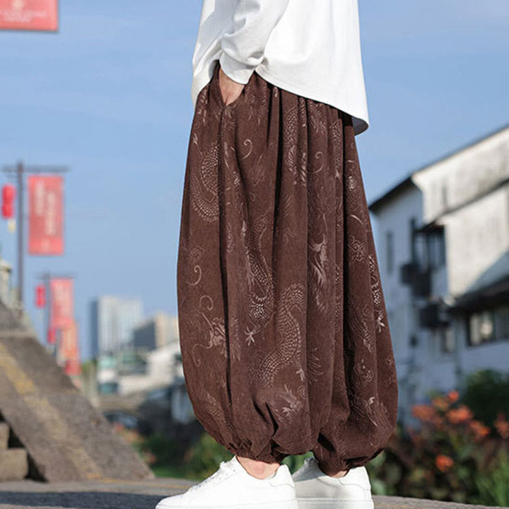 Pantaloni casual da uomo in cotone tinta unita con tasche e motivo a drago Buddha Stones