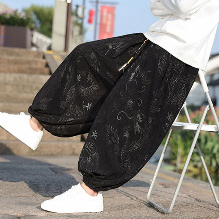 Giacca e pantaloni casual in velluto a coste di cotone da uomo con tasche, motivo drago , Buddha Stones