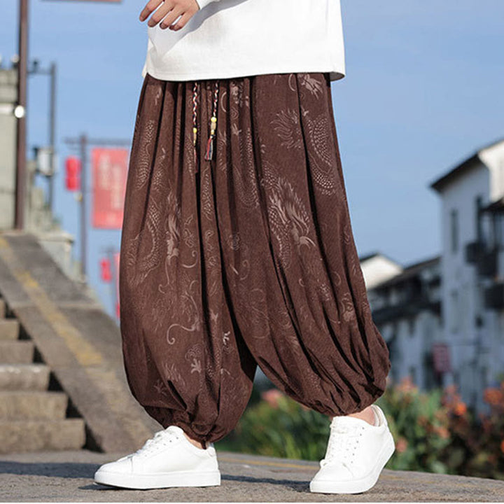 Pantaloni casual da uomo in cotone tinta unita con tasche e motivo a drago Buddha Stones - Marrone sella - US/UK/AU46, EU56 (5XL) - image 1
