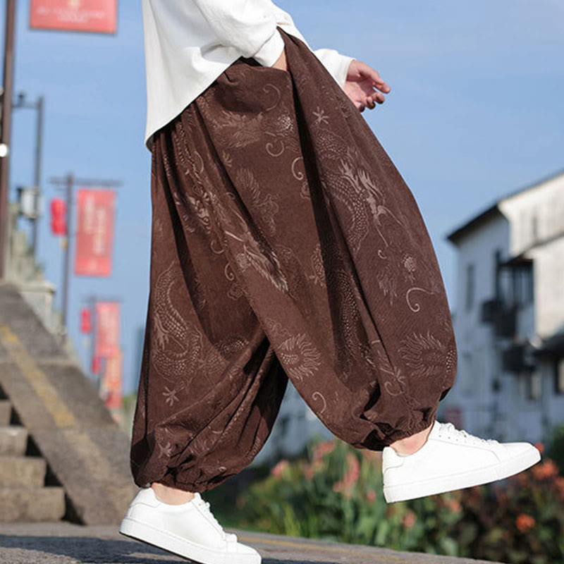 Giacca e pantaloni casual in velluto a coste di cotone da uomo con tasche, motivo drago , Buddha Stones