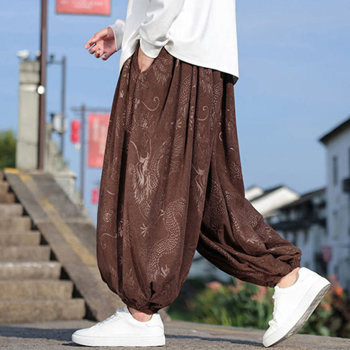 Pantaloni casual da uomo in cotone tinta unita con tasche e motivo a drago Buddha Stones - image 1
