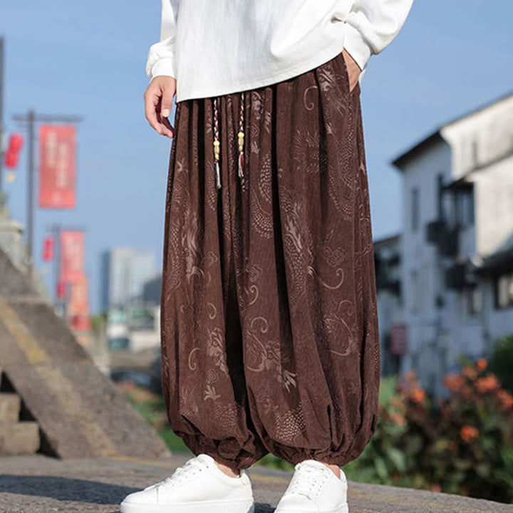 Pantaloni casual da uomo in cotone tinta unita con tasche e motivo a drago Buddha Stones