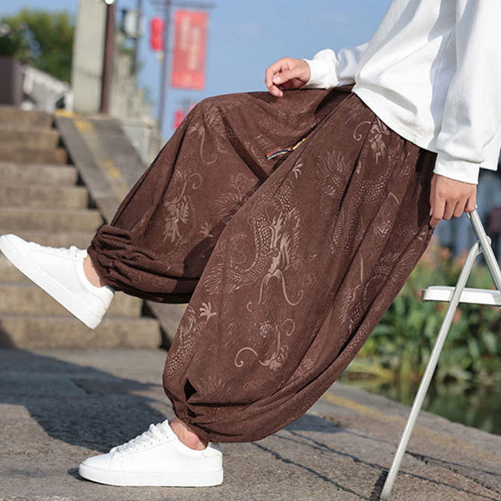 Giacca e pantaloni casual in velluto a coste di cotone da uomo con tasche, motivo drago , Buddha Stones