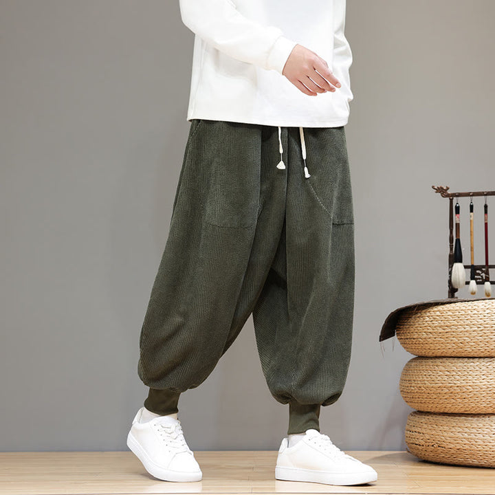 Pantaloni harem da uomo in cotone casual semplice Buddha Stones con tasche - Verde oliva scuro - US/UK/AU46, EU56 (5XL) - image 17