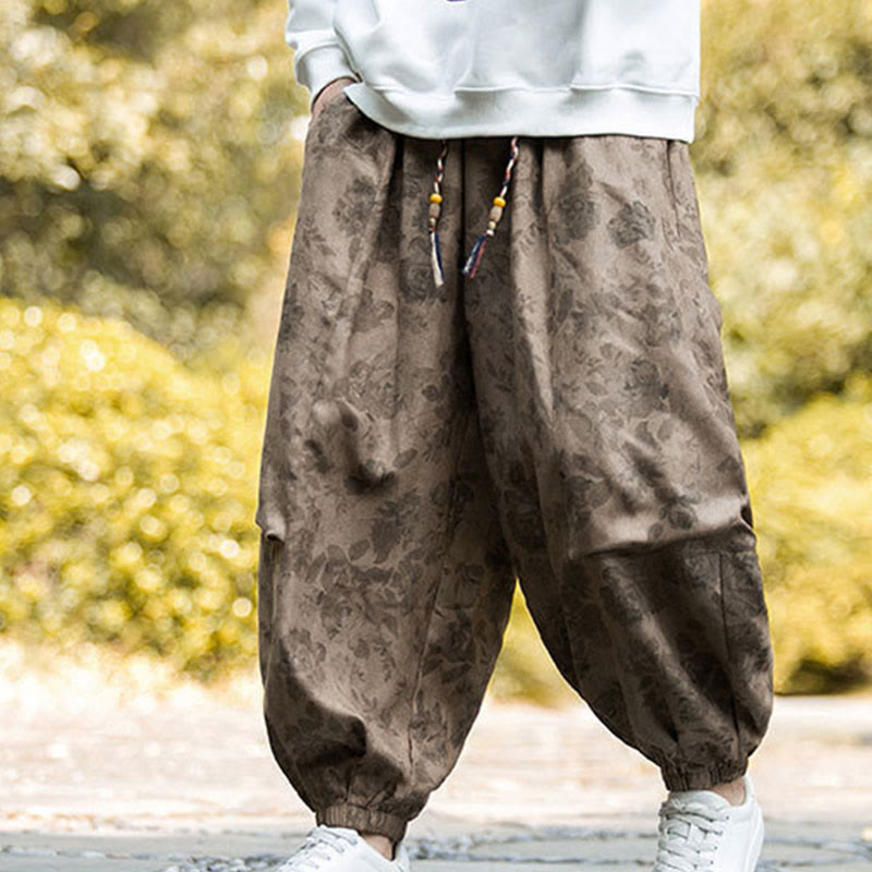 Pantaloni da uomo in velluto a coste di cotone casual con fiori Buddha Stones e grandi tasche - Verga d'oro scura - US/UK/AU46, EU56 (5XL) - image 0