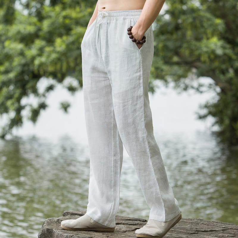Pantaloni larghi da uomo in cotone tinta unita Buddha Stones con tasche - Bianco - US/UK/AU50, EU60 (5XL) - image 14