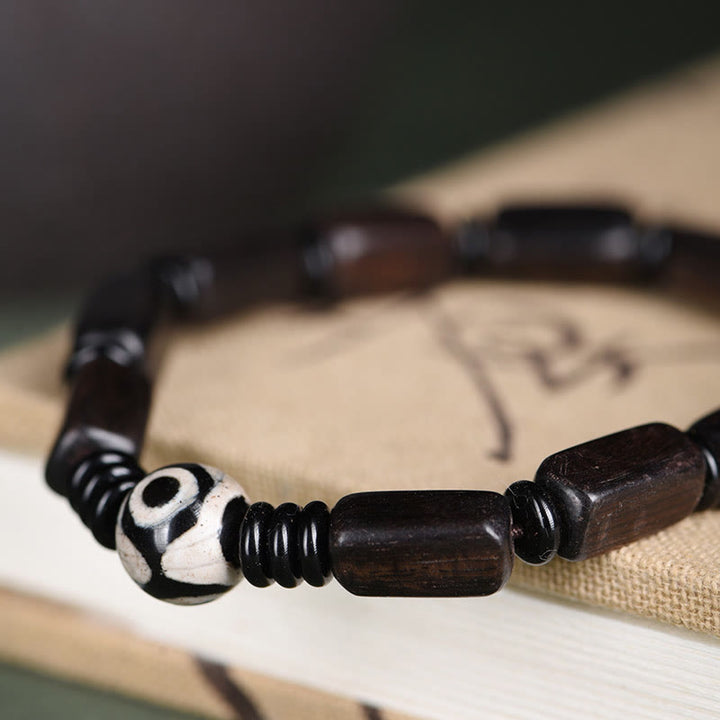 Braccialetto di equilibrio con perline rettangolari in legno di ebano e Buddha Stones Dzi