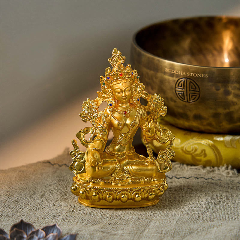 Buddha Stones Bodhisattva Tara Bianca Speranza Protezione Statua Placcata Oro Decorazione - image 1
