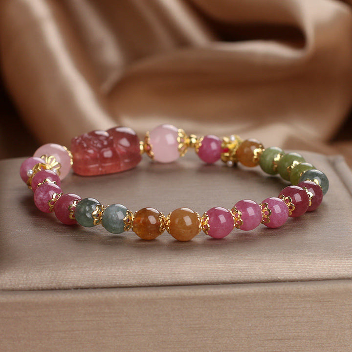 Braccialetto PIXIU Love in cristallo rosa, quarzo fragola, tormalina Buddha Stones