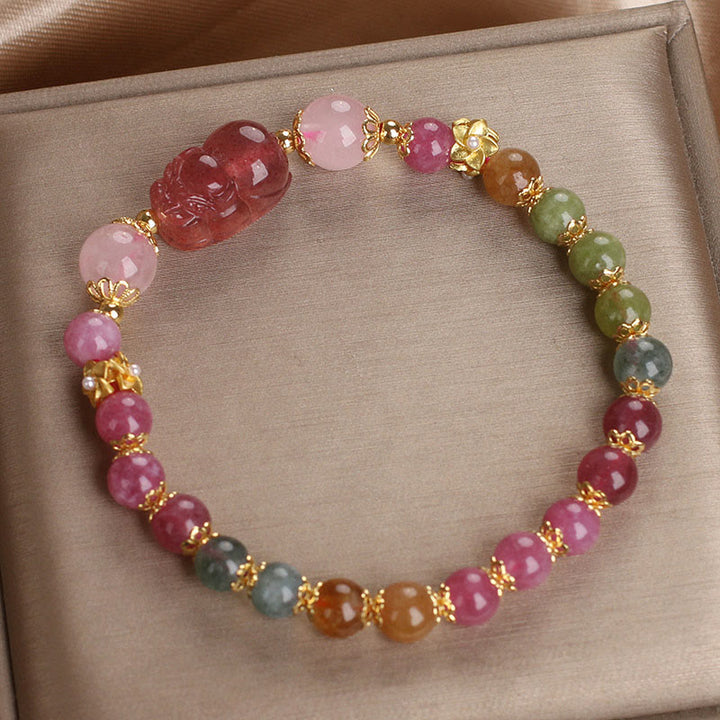 Braccialetto PIXIU Love in cristallo rosa, quarzo fragola, tormalina Buddha Stones