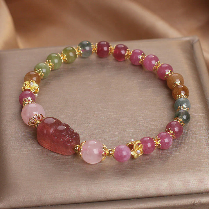 Braccialetto PIXIU Love in cristallo rosa, quarzo fragola, tormalina Buddha Stones