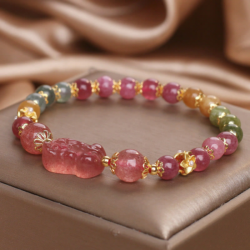Braccialetto PIXIU Love in cristallo rosa, quarzo fragola, tormalina Buddha Stones