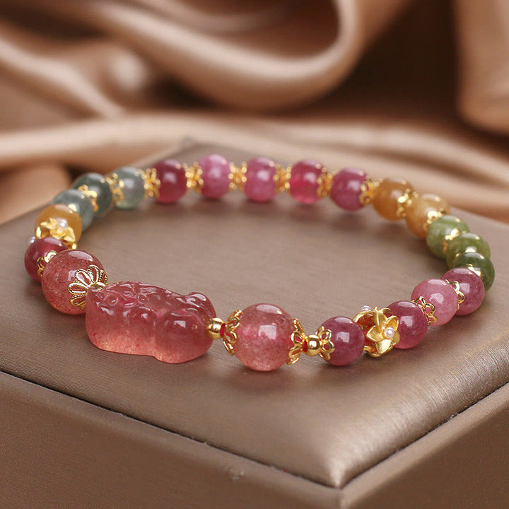 Braccialetto PIXIU Love in cristallo rosa, quarzo fragola, tormalina Buddha Stones