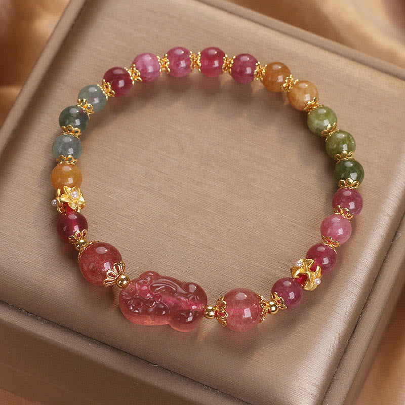 Braccialetto PIXIU Love in cristallo rosa, quarzo fragola, tormalina Buddha Stones