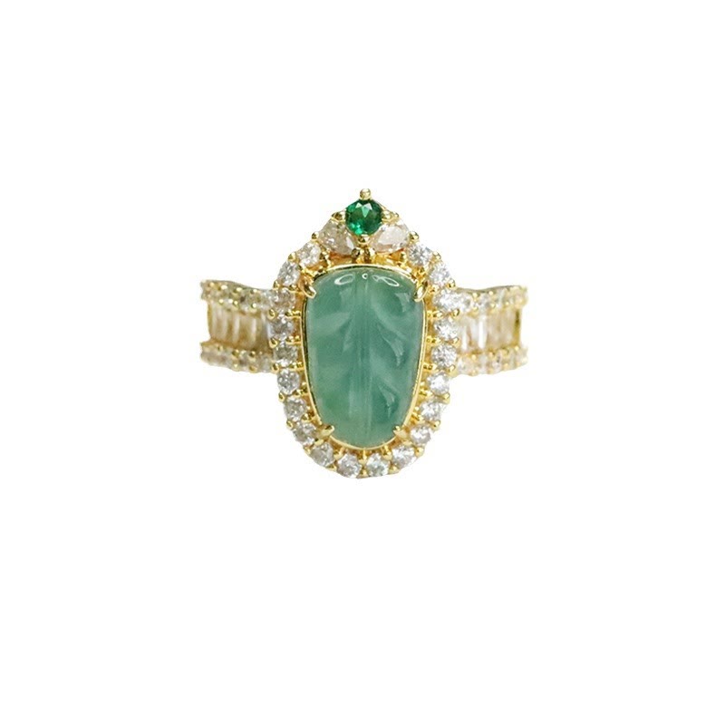 Anello regolabile con foglia di giada naturale placcata in oro Buddha Stones e diamanti pieni