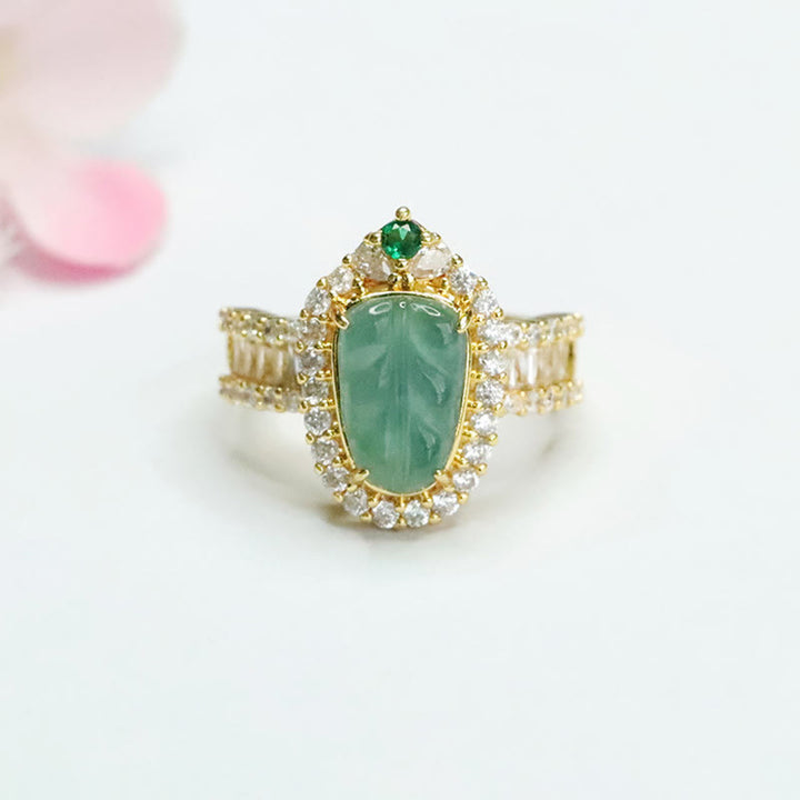 Anello regolabile con foglia di giada naturale placcata in oro Buddha Stones e diamanti pieni
