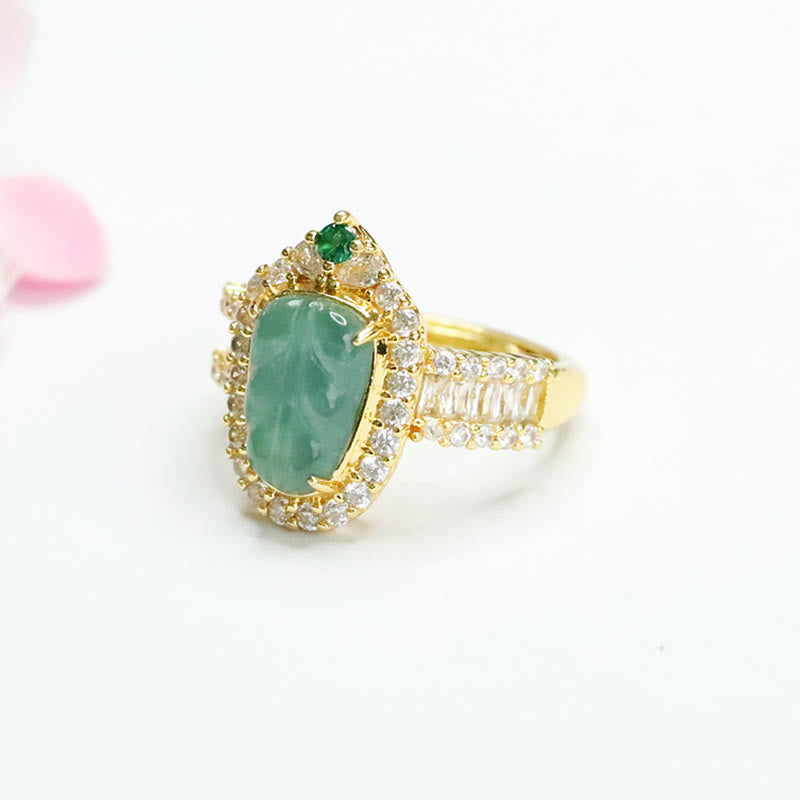Anello regolabile con foglia di giada naturale placcata in oro Buddha Stones e diamanti pieni