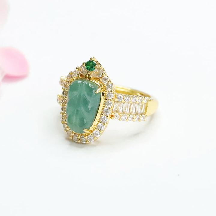 Anello regolabile con foglia di giada naturale placcata in oro Buddha Stones e diamanti pieni