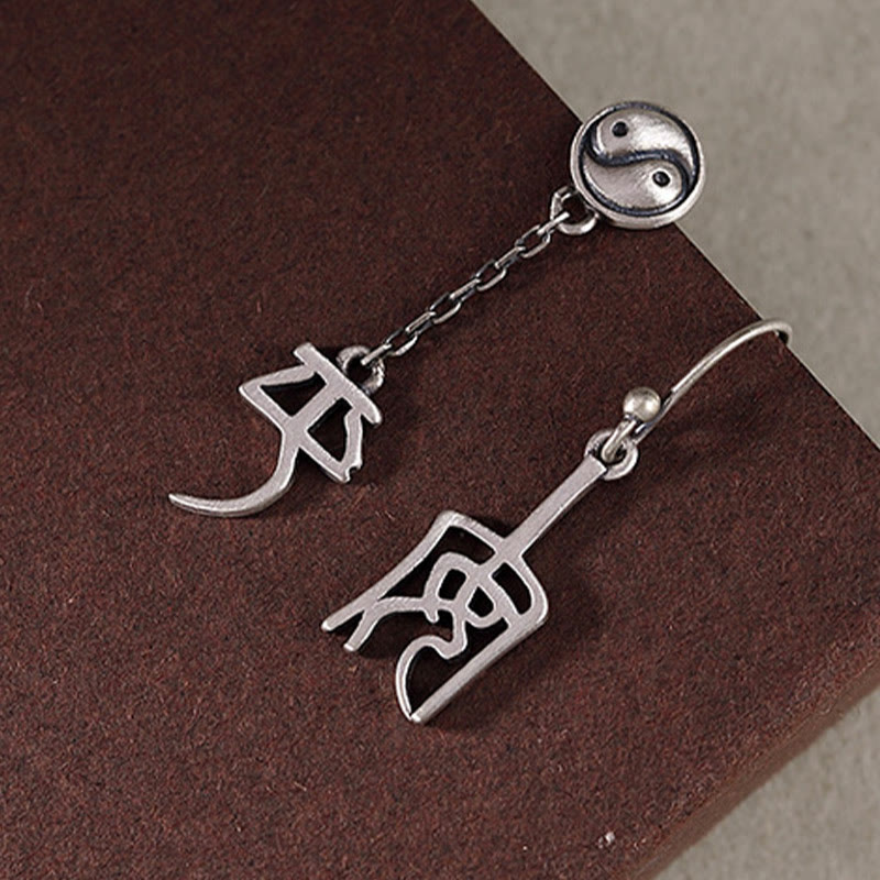 Orecchini di protezione Buddha Stones 925 Sterling Silver carattere cinese 'Ping An' 'Xi Le'
