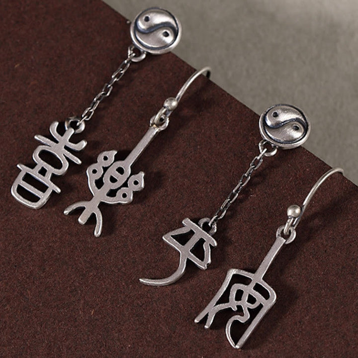 Orecchini di protezione Buddha Stones 925 Sterling Silver carattere cinese 'Ping An' 'Xi Le'