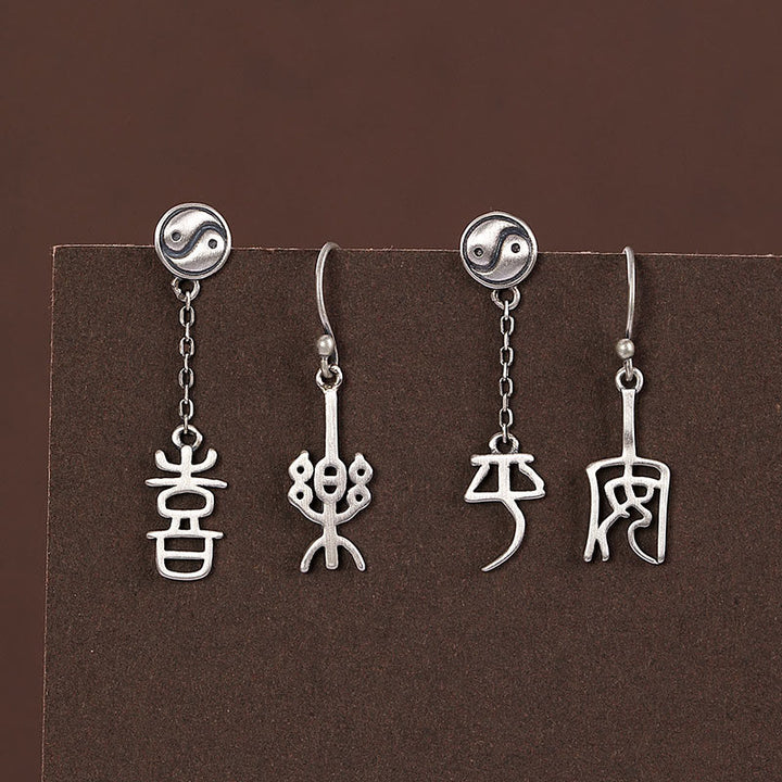 Orecchini di protezione Buddha Stones 925 Sterling Silver carattere cinese 'Ping An' 'Xi Le'