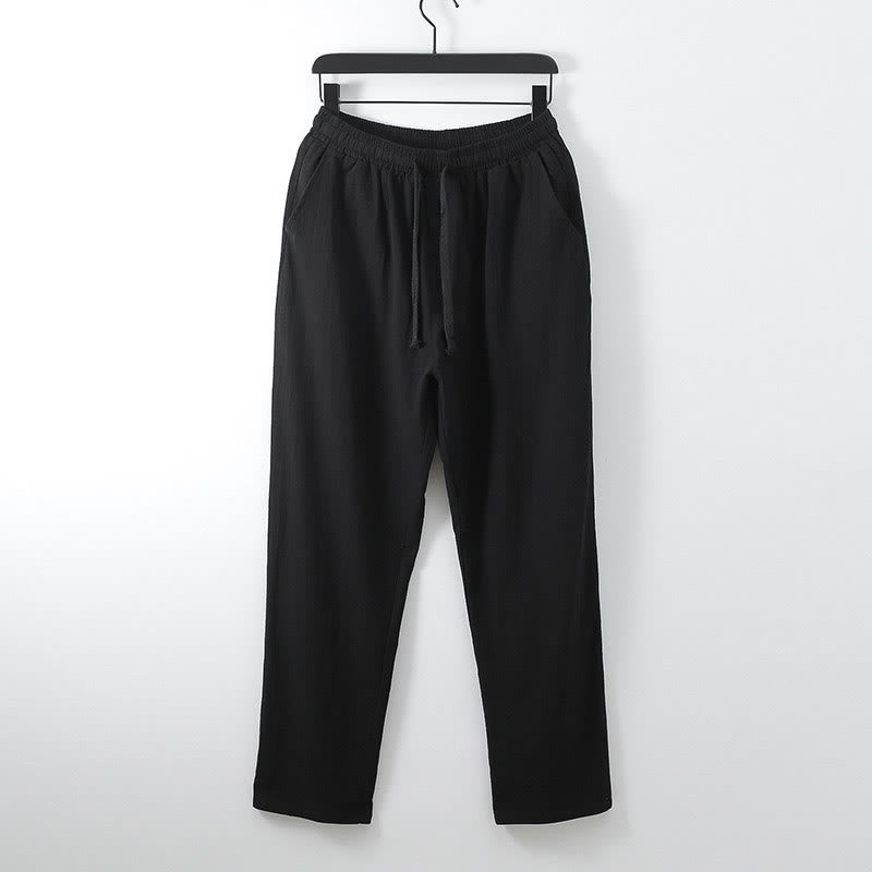 Pantaloni da uomo casual, larghi, in cotone e lino, tinta unita, con motivo Buddha Stones e tasche. - Nero - US/UK/AU54, EU64 (9XL) - image 6