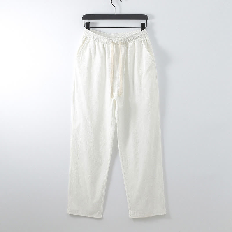 Pantaloni da uomo casual, larghi, in cotone e lino, tinta unita, con motivo Buddha Stones e tasche. - Bianco - US/UK/AU54, EU64 (9XL) - image 1