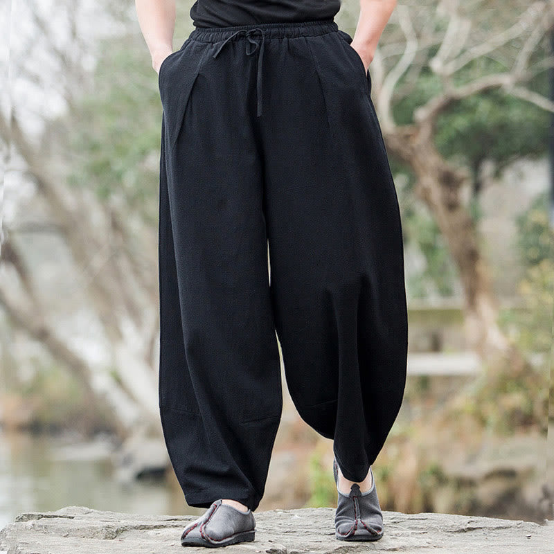 Pantaloni da uomo Buddha Stones in lino casual tinta unita con tasche - image 2