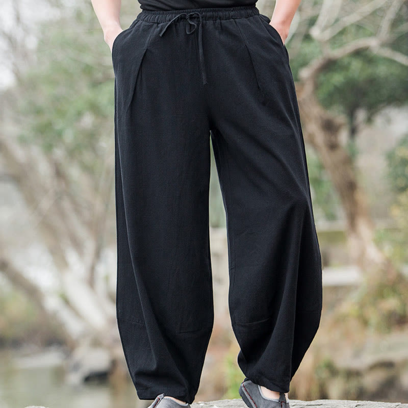 Pantaloni da uomo Buddha Stones in lino casual tinta unita con tasche - Nero - US/UK/AU44, EU54 (5XL) - image 1