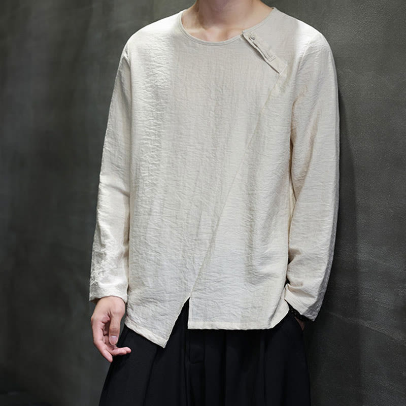 Camicie da uomo larghe a maniche lunghe con scollo rotondo e tinta unita Buddha Stones - image 17