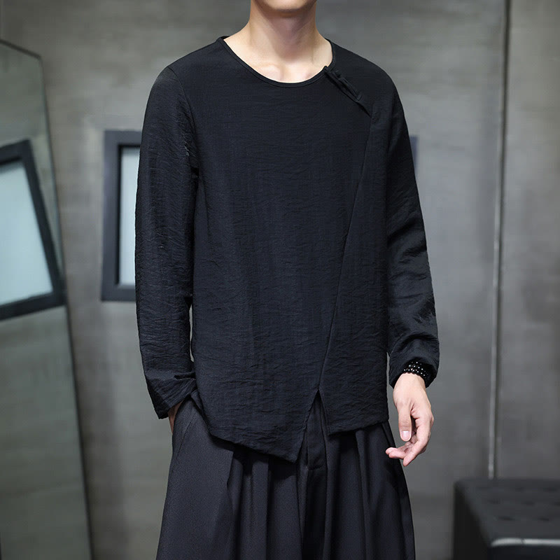 Camicie da uomo larghe a maniche lunghe con scollo rotondo e tinta unita Buddha Stones - image 27