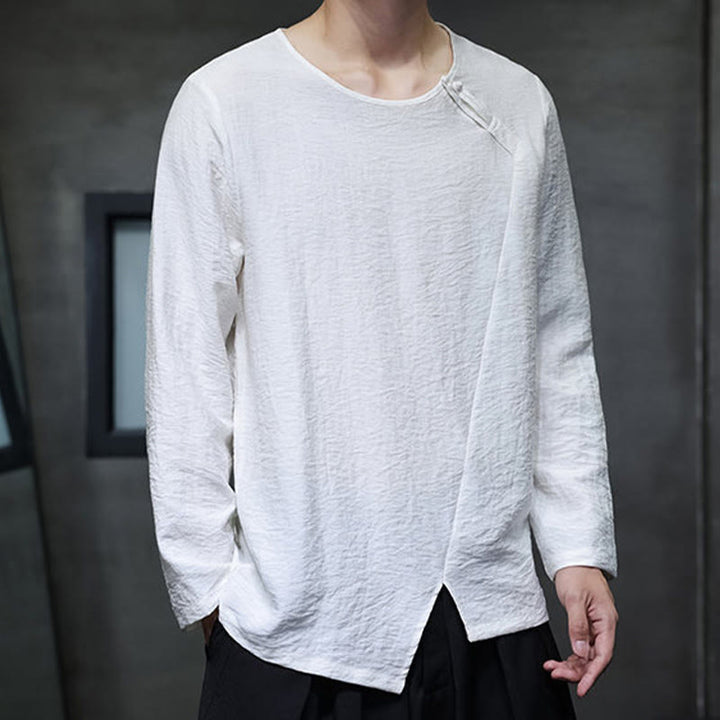 Camicie da uomo larghe a maniche lunghe con scollo rotondo e tinta unita Buddha Stones - image 5