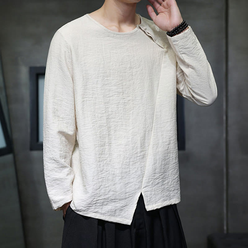 Camicie da uomo larghe a maniche lunghe con scollo rotondo e tinta unita Buddha Stones - image 23