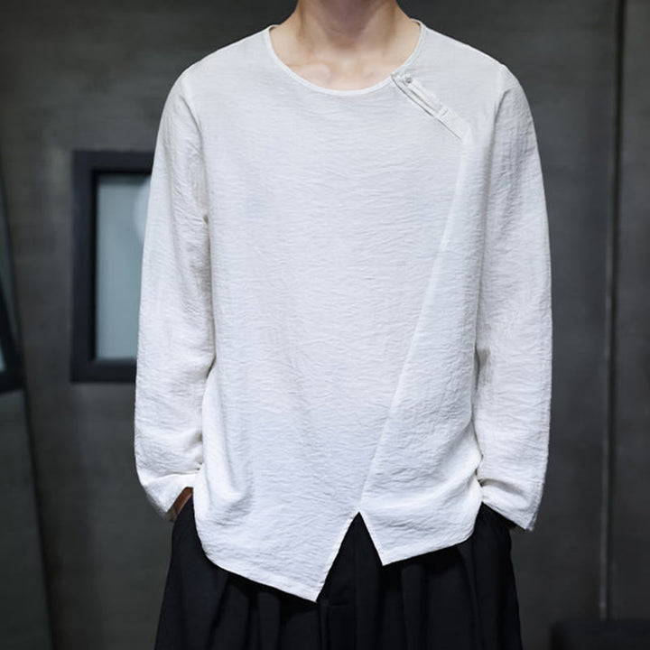 Camicie da uomo larghe a maniche lunghe con scollo rotondo e tinta unita Buddha Stones - image 4