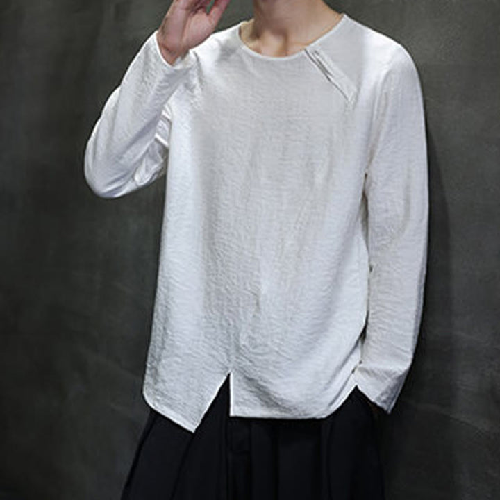 Camicie da uomo larghe a maniche lunghe con scollo rotondo e tinta unita Buddha Stones - image 10